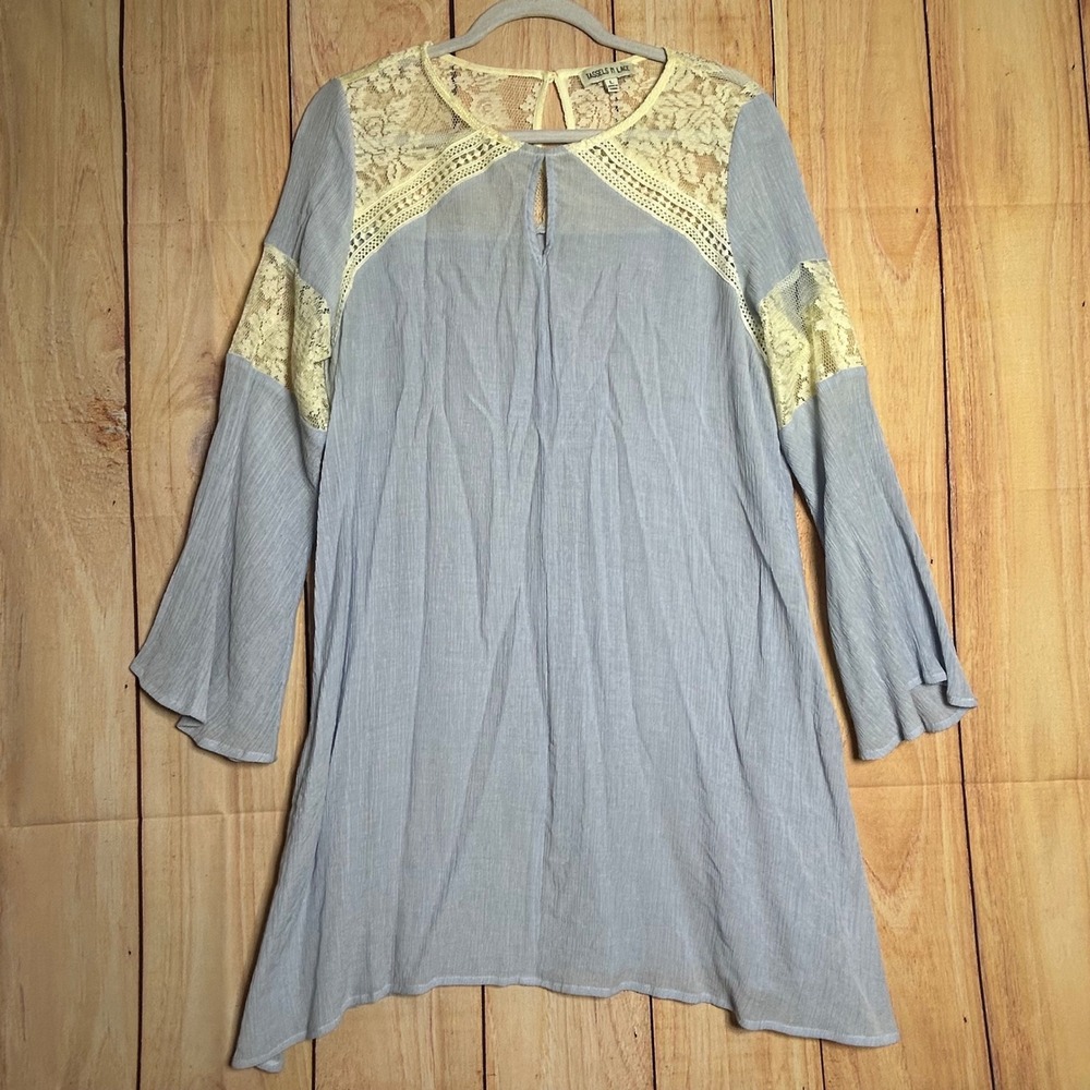 Tassels N Lace‎ Tunic Dress Womens L Blue Cream Lace Boho Cottagecore SD70187